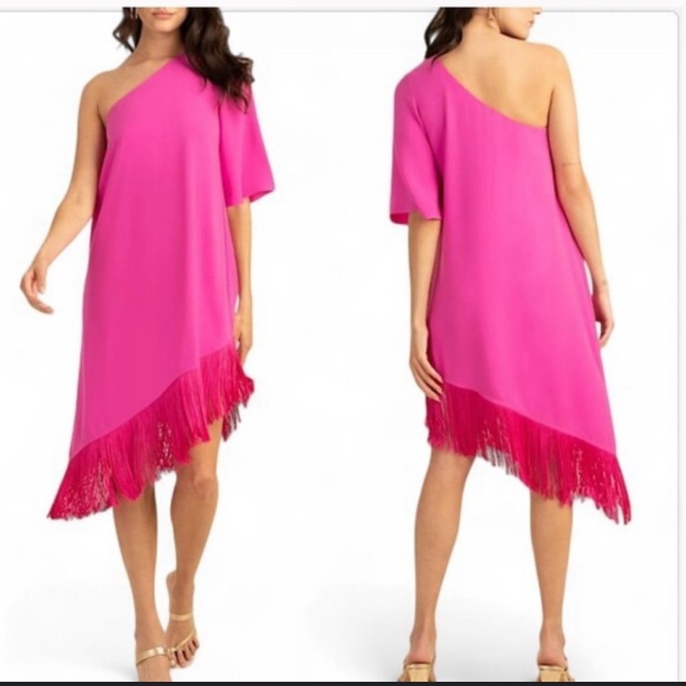 Trina Turk Hot Pink One-Shoulder Fringe Dress